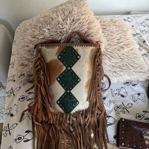 Fringed Cowhide Backpack with Green Tooled Accents